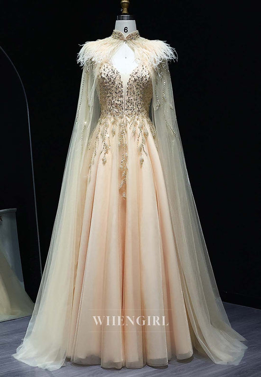 Champagne V Neck Sleeveless Pearl Beaded Feather A-Line Formal Evening Dress