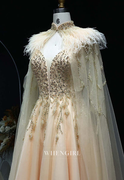 Champagne V Neck Sleeveless Pearl Beaded Feather A-Line Formal Evening Dress