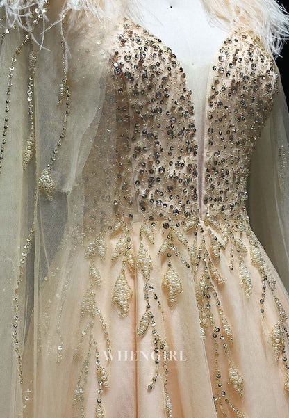 Champagne V Neck Sleeveless Pearl Beaded Feather A-Line Formal Evening Dress