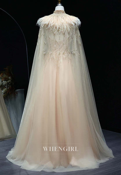 Champagne V Neck Sleeveless Pearl Beaded Feather A-Line Formal Evening Dress