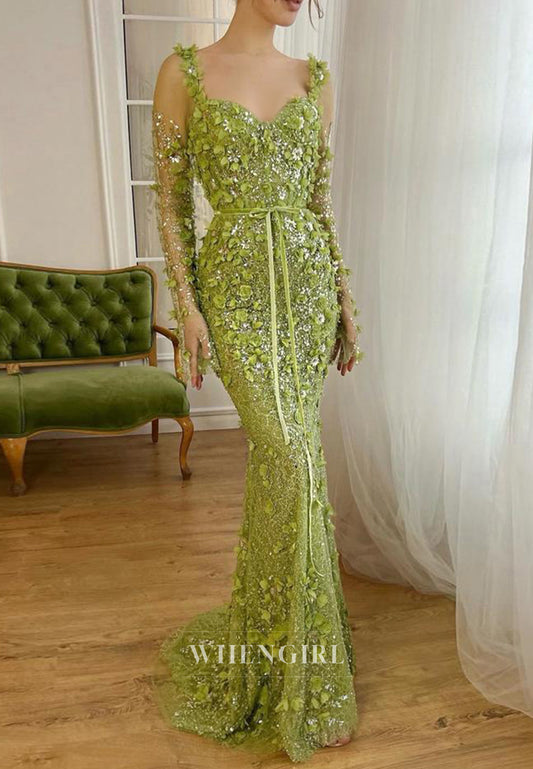 Green Sweetheart Long Sleeves Lace Up Sheath Formal Evening Dress with Sweep Train
