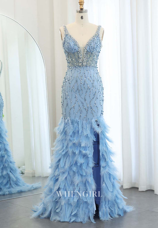 Blue V Neck Sleeveless Beaded Feather Side Slit Back Zipper Mermaid Evening Formal Dress