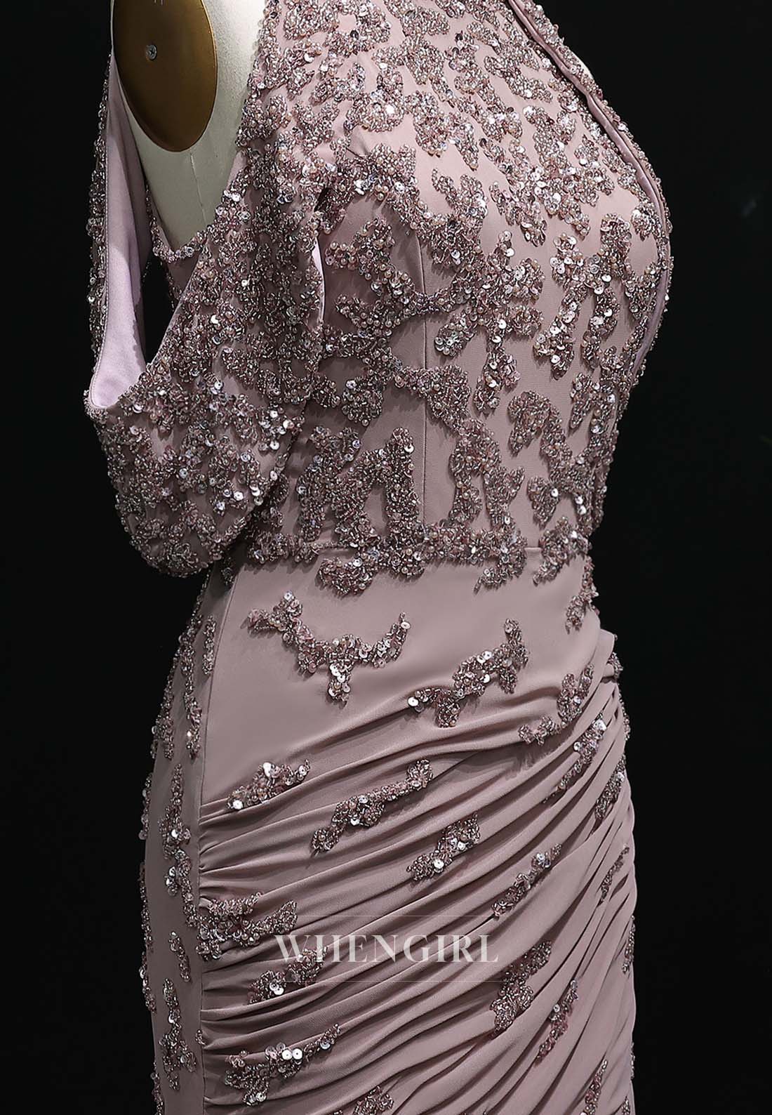 Wisteria Bateau Neck Sleeveless Formal Gown Beaded Pleated Floor Length Column Evening Dress