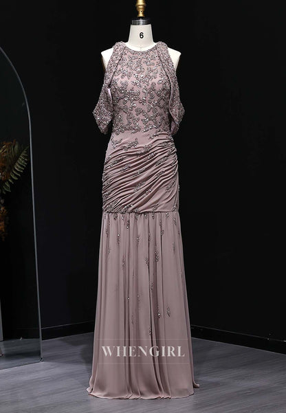 Wisteria Bateau Neck Sleeveless Formal Gown Beaded Pleated Floor Length Column Evening Dress