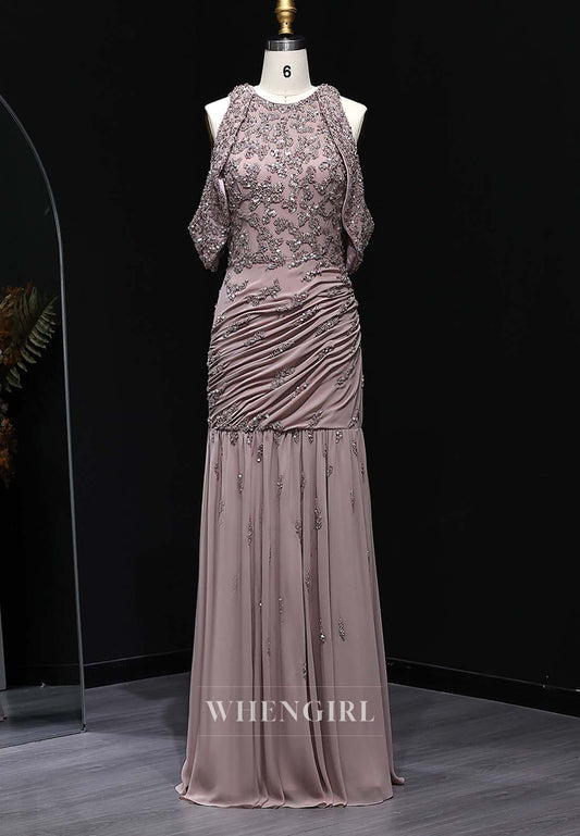 Wisteria Bateau Neck Sleeveless Formal Gown Beaded Pleated Floor Length Column Evening Dress