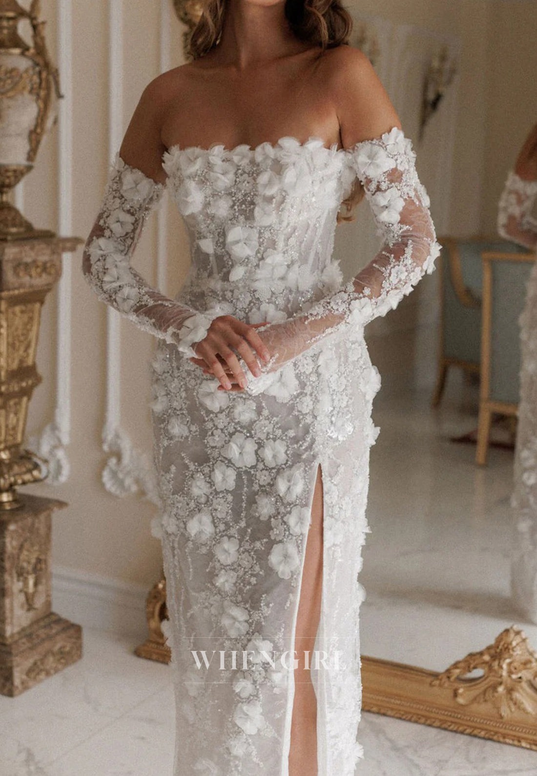 Sheath Tube Top Side Slit Apppliqued Lace Detachable Long Sleeeves Wedding Dress