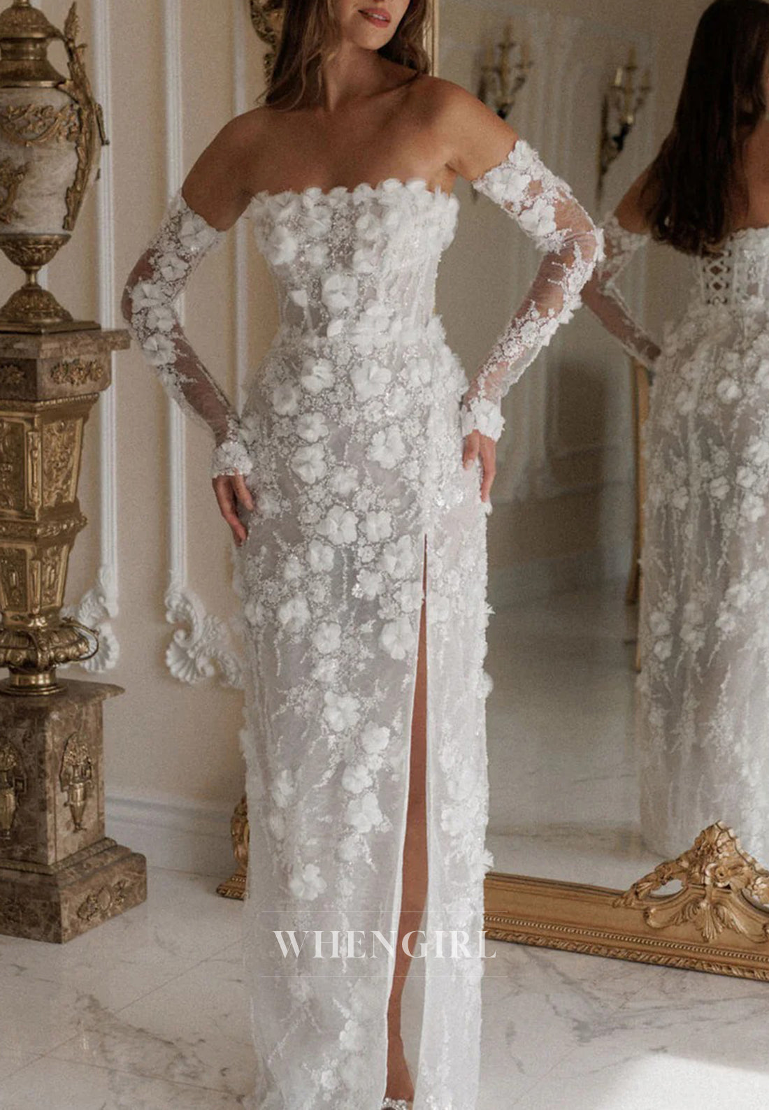 Sheath Tube Top Side Slit Apppliqued Lace Detachable Long Sleeeves Wedding Dress