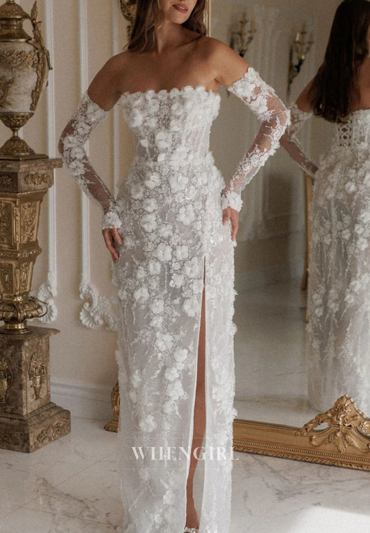 Sheath Tube Top Side Slit Apppliqued Lace Detachable Long Sleeeves Wedding Dress