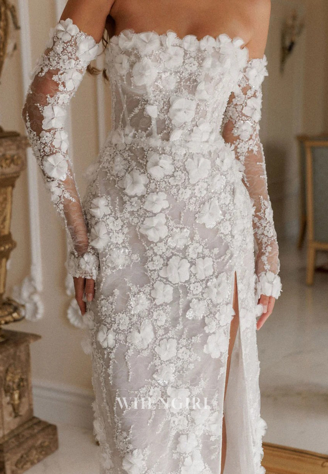 Sheath Tube Top Side Slit Apppliqued Lace Detachable Long Sleeeves Wedding Dress