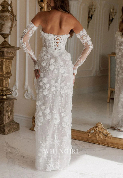 Sheath Tube Top Side Slit Apppliqued Lace Detachable Long Sleeeves Wedding Dress