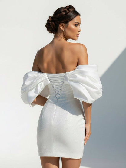 Sheath Glitter Short Off-the-Shoulder Wedding Dress With Lace-Up Back