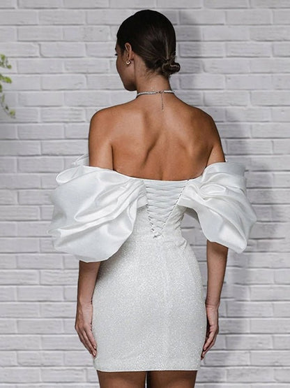 Sheath Glitter Short Off-the-Shoulder Wedding Dress With Lace-Up Back
