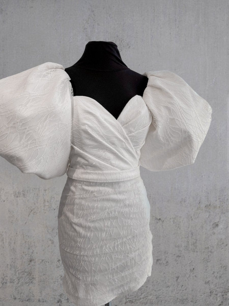 Sheath White Puff Sleeves Short V-Neck Wedding Dress