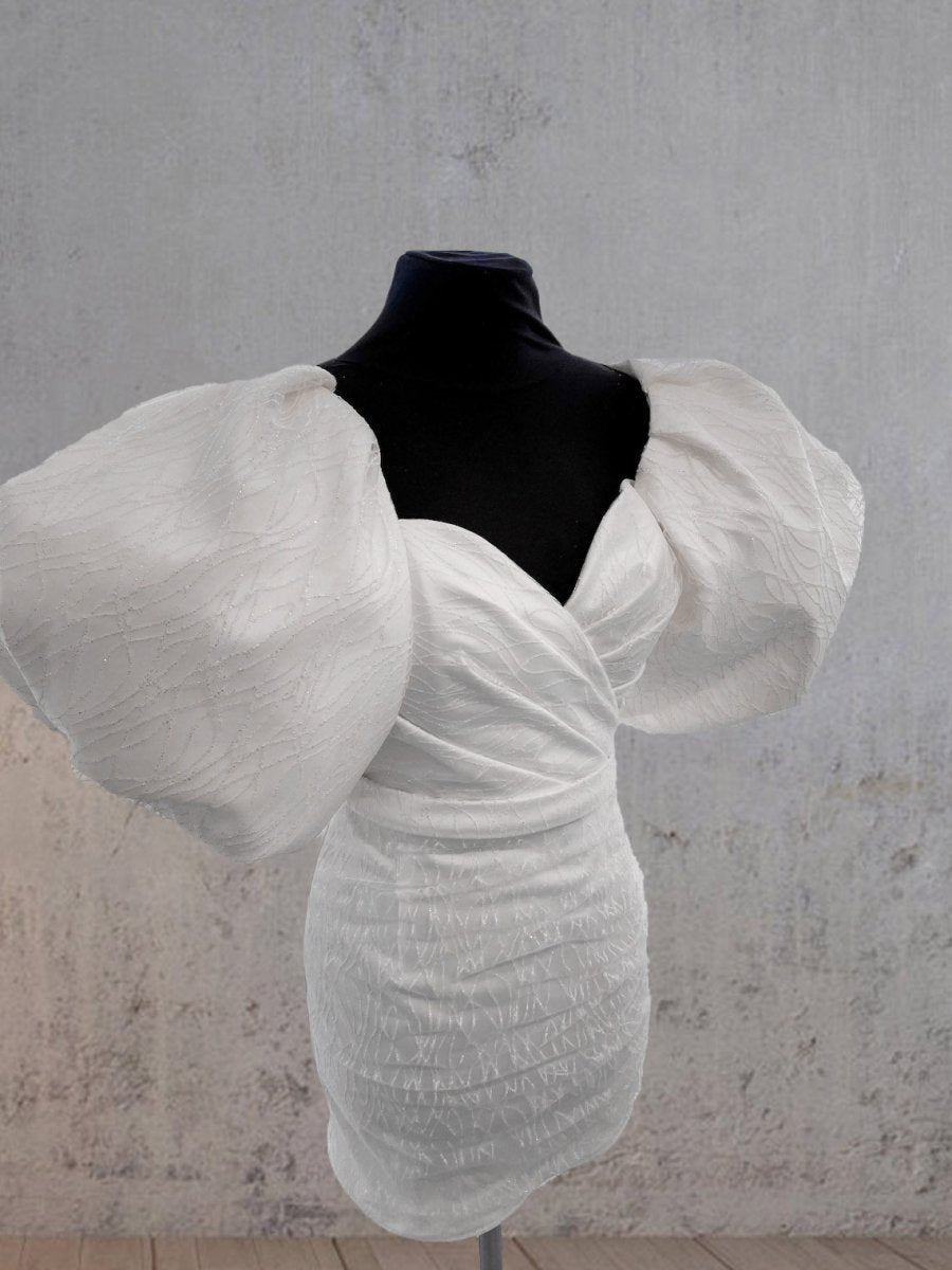 Sheath White Puff Sleeves Short V-Neck Wedding Dress