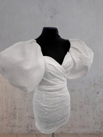 Sheath White Puff Sleeves Short V-Neck Wedding Dress