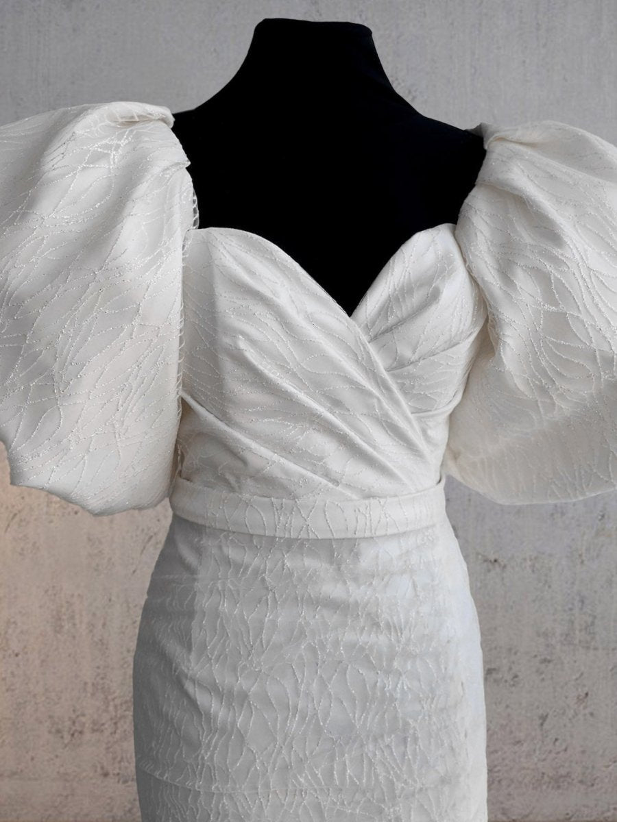Sheath White Puff Sleeves Short V-Neck Wedding Dress