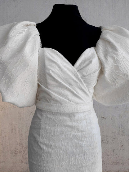 Sheath White Puff Sleeves Short V-Neck Wedding Dress