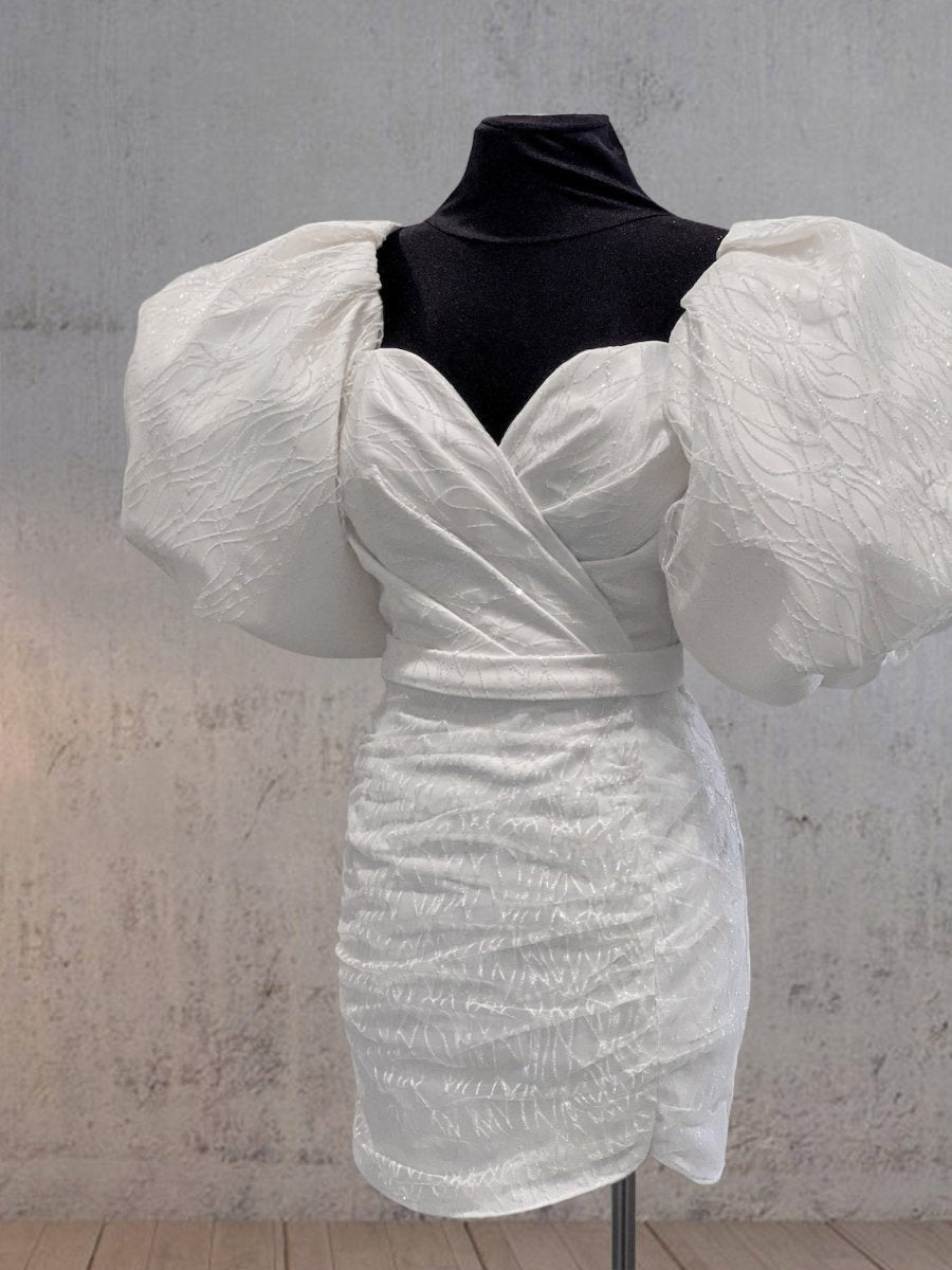 Sheath White Puff Sleeves Short V-Neck Wedding Dress