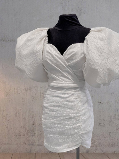 Sheath White Puff Sleeves Short V-Neck Wedding Dress