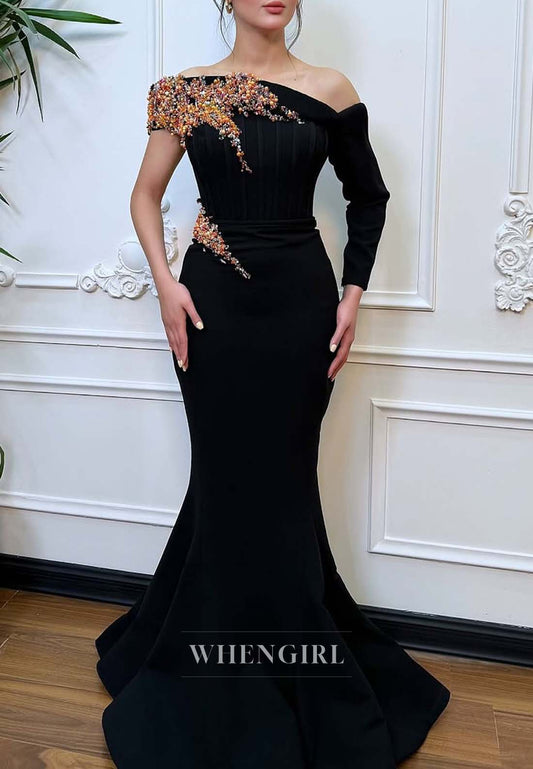 Black Off Shoulder Beaded Mermaid Formal Dress Evening Dress with Single Long Sleeve