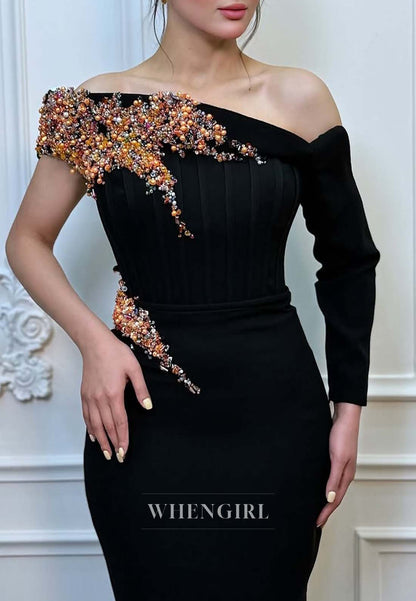 Black Off Shoulder Beaded Mermaid Formal Dress Evening Dress with Single Long Sleeve