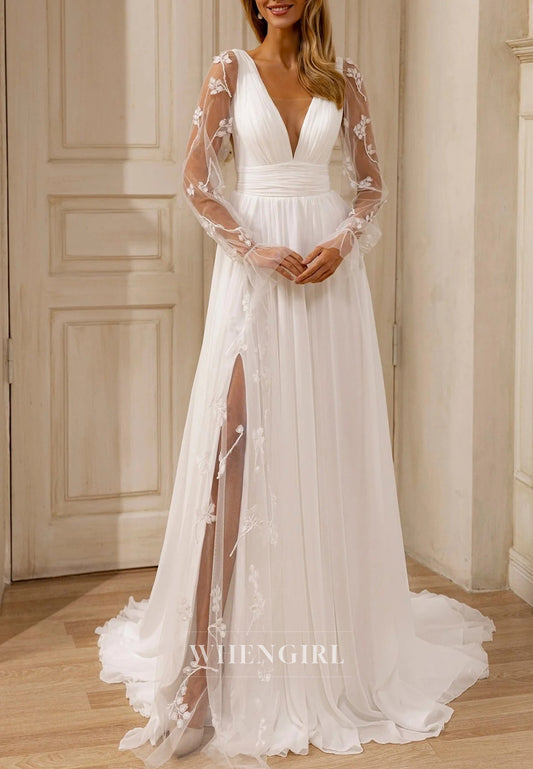A-Line Sheer Sleeved Deep V Neck Beach Wedding Dress with Floral Accents and Sweep Train