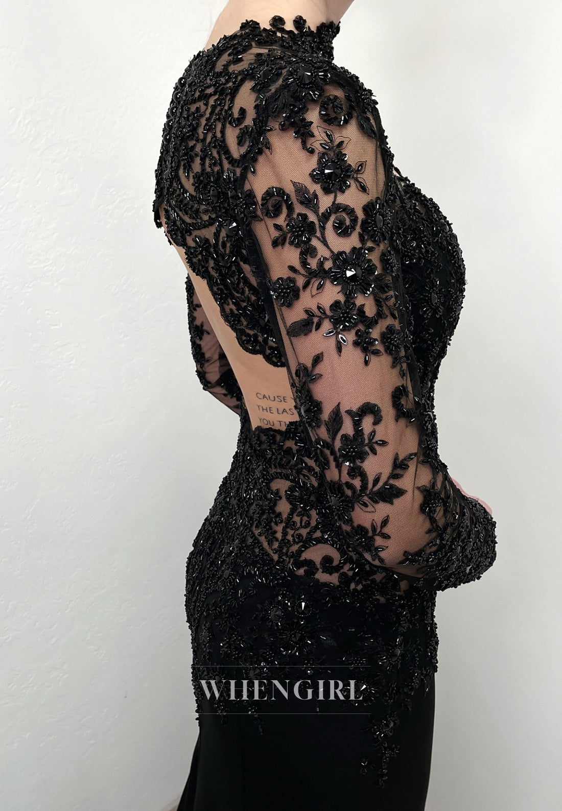 Black High Neck Beaded Cut Out Long Sleeves Court Train Mermaid Wedding Dress