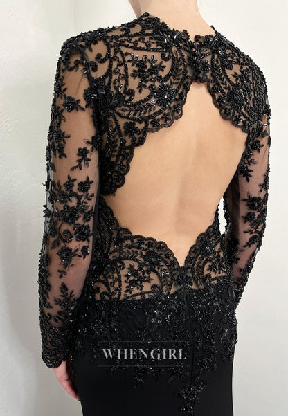 Black High Neck Beaded Cut Out Long Sleeves Court Train Mermaid Wedding Dress