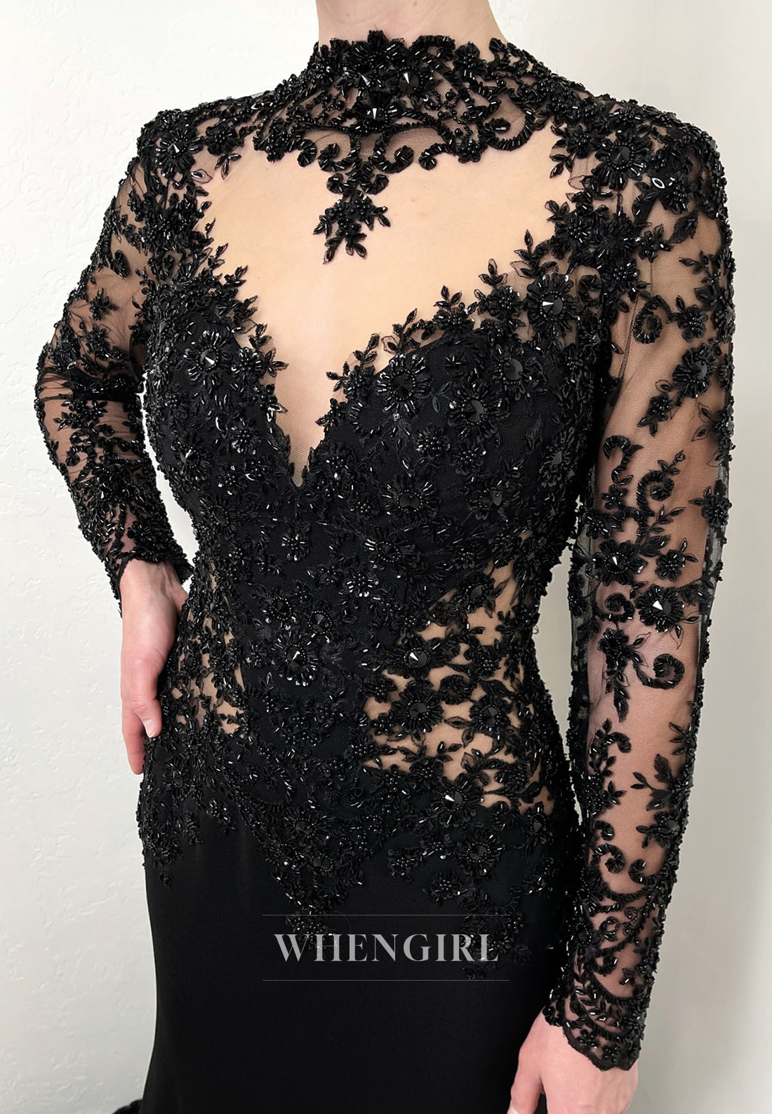 Black High Neck Beaded Cut Out Long Sleeves Court Train Mermaid Wedding Dress