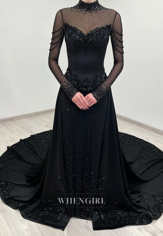 Black High Neck Beaded Long Sleeves Sheath Court Train Wedding Dress