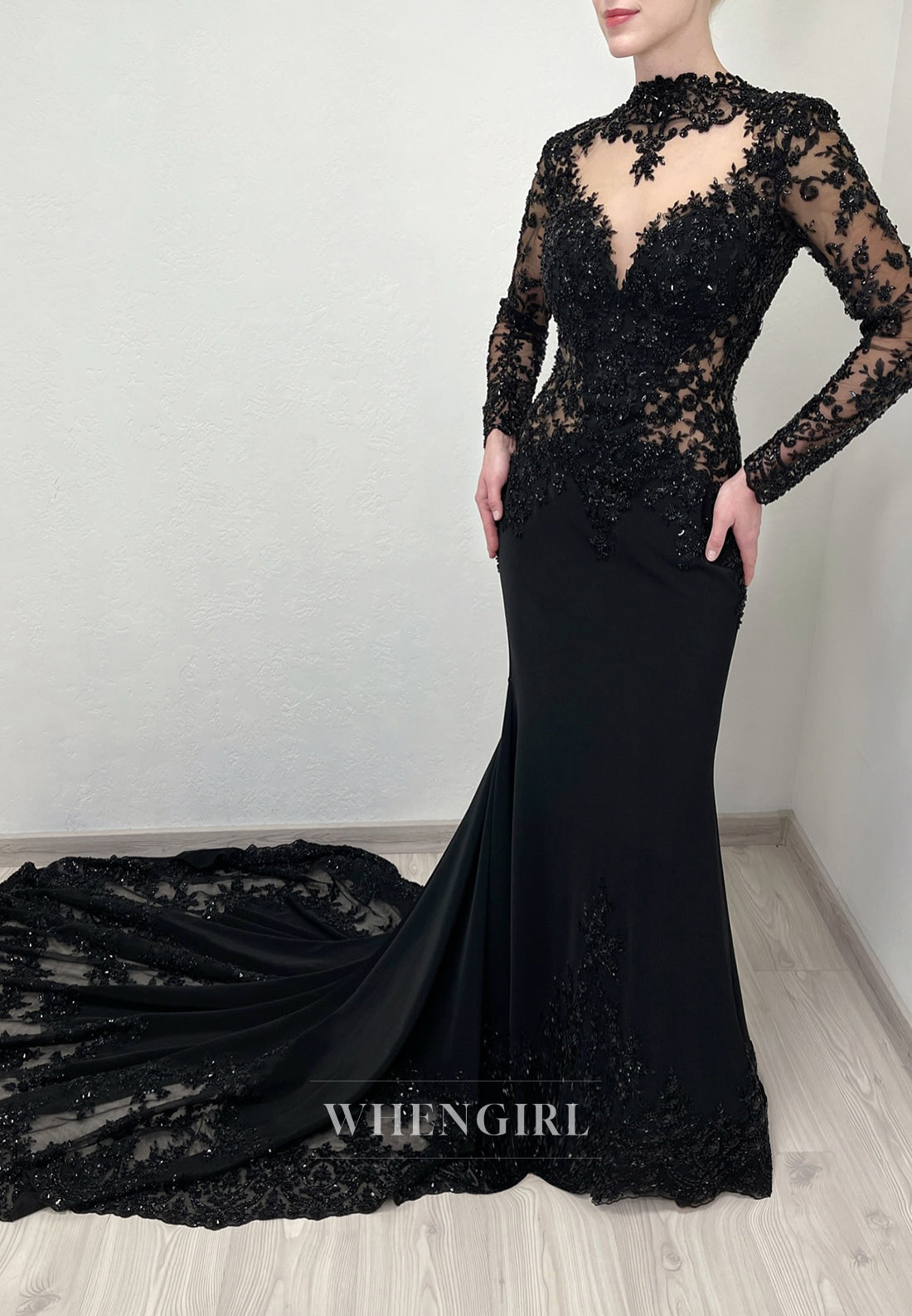 Black High Neck Beaded Cut Out Long Sleeves Court Train Mermaid Wedding Dress