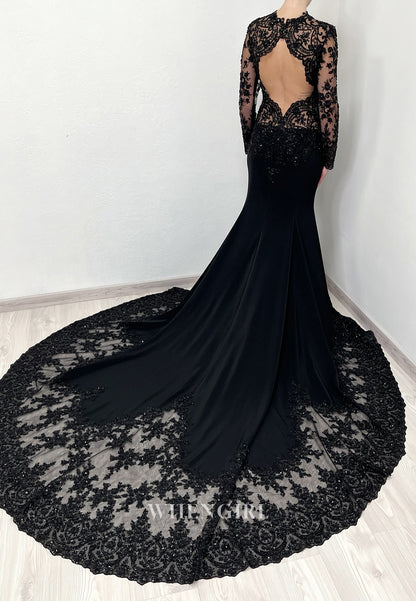 Black High Neck Beaded Cut Out Long Sleeves Court Train Mermaid Wedding Dress