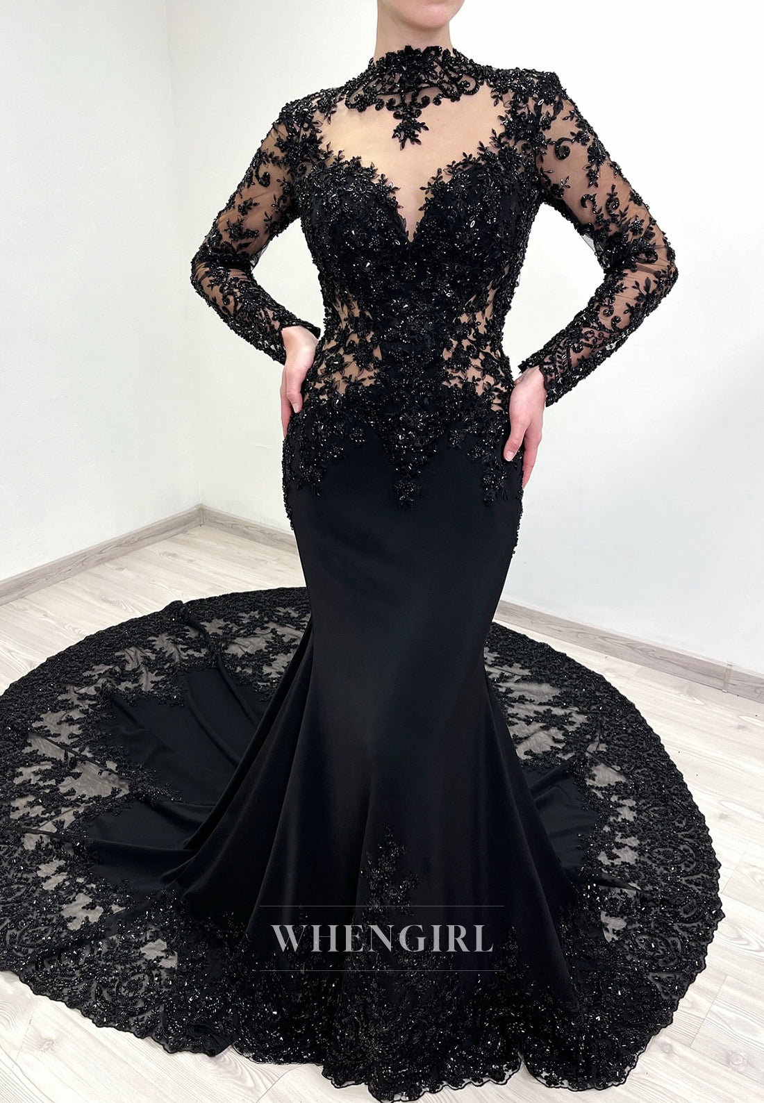 Black High Neck Beaded Cut Out Long Sleeves Court Train Mermaid Wedding Dress
