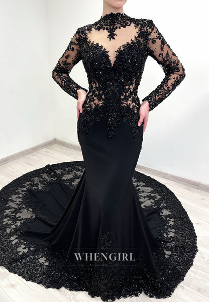Black High Neck Beaded Cut Out Long Sleeves Court Train Mermaid Wedding Dress