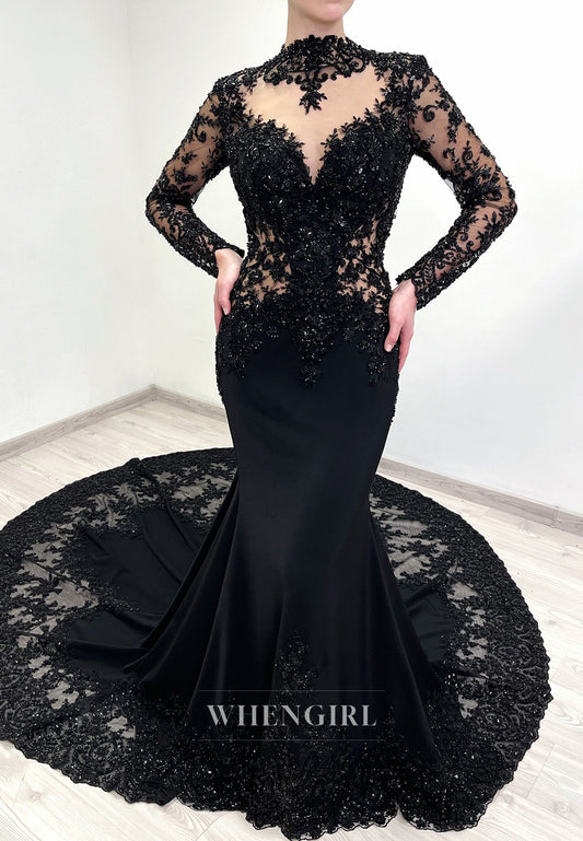 Black High Neck Beaded Cut Out Long Sleeves Court Train Mermaid Wedding Dress