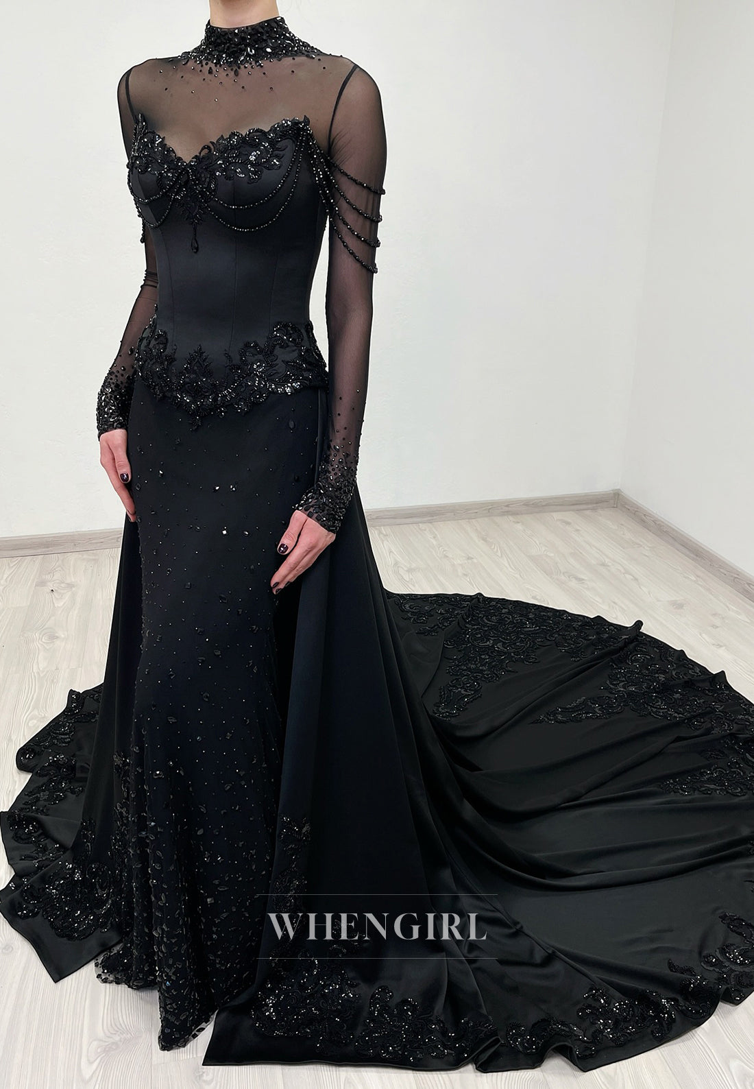 Black High Neck Beaded Long Sleeves Sheath Court Train Wedding Dress