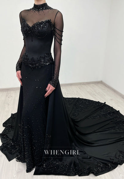 Black High Neck Beaded Long Sleeves Sheath Court Train Wedding Dress
