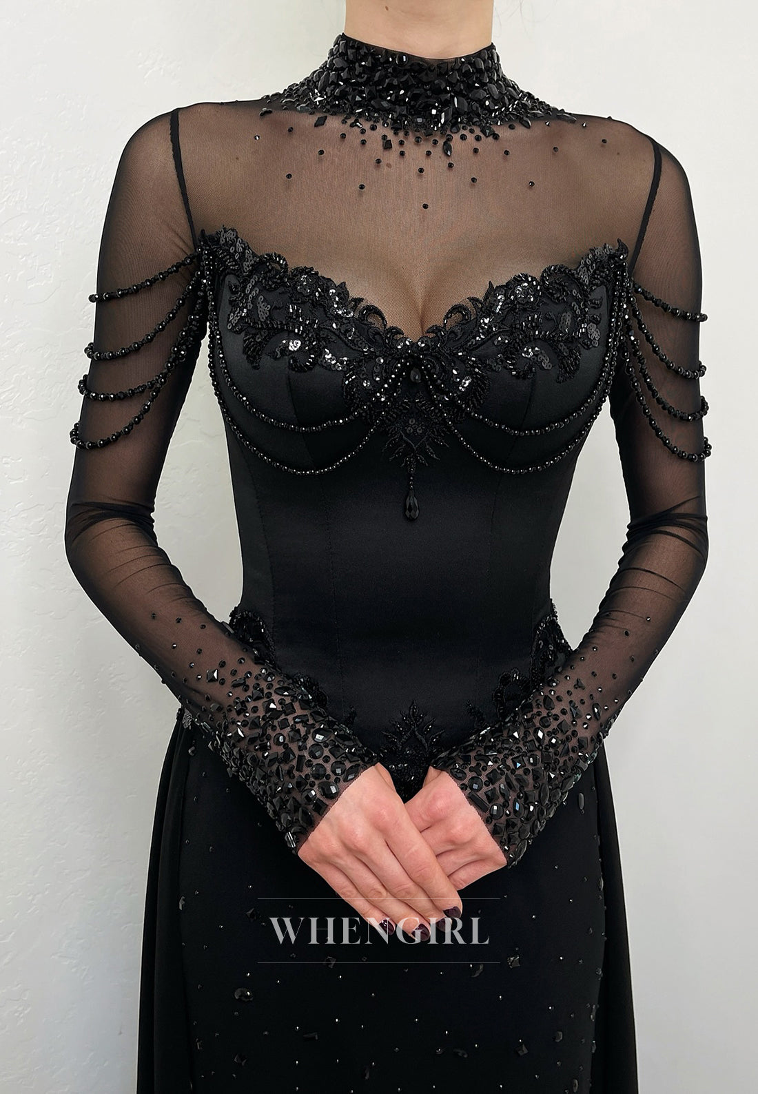 Black High Neck Beaded Long Sleeves Sheath Court Train Wedding Dress