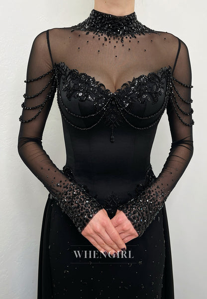 Black High Neck Beaded Long Sleeves Sheath Court Train Wedding Dress