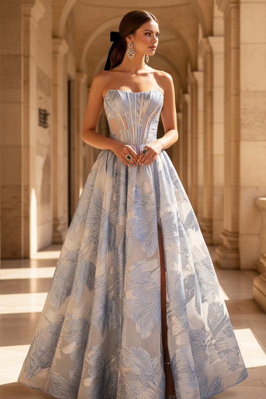 Blue A-Line Strapless Side Slit Floral  Prom Dress