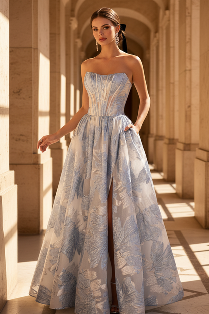 Blue A-Line Strapless Side Slit Floral  Prom Dress