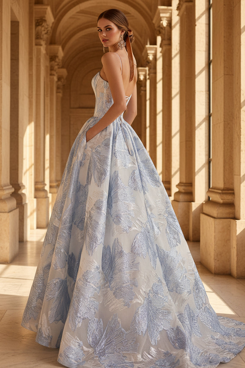 Blue A-Line Strapless Side Slit Floral  Prom Dress