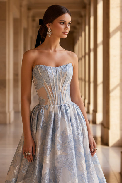 Blue A-Line Strapless Side Slit Floral  Prom Dress