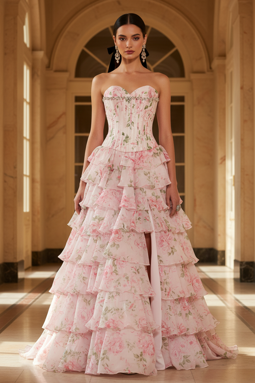 Pink Sweetheart Ruffles Side Slit Rloral Printed A-Line Prom Dress