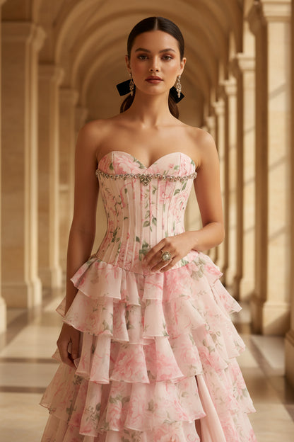 Pink Sweetheart Ruffles Side Slit Rloral Printed A-Line Prom Dress
