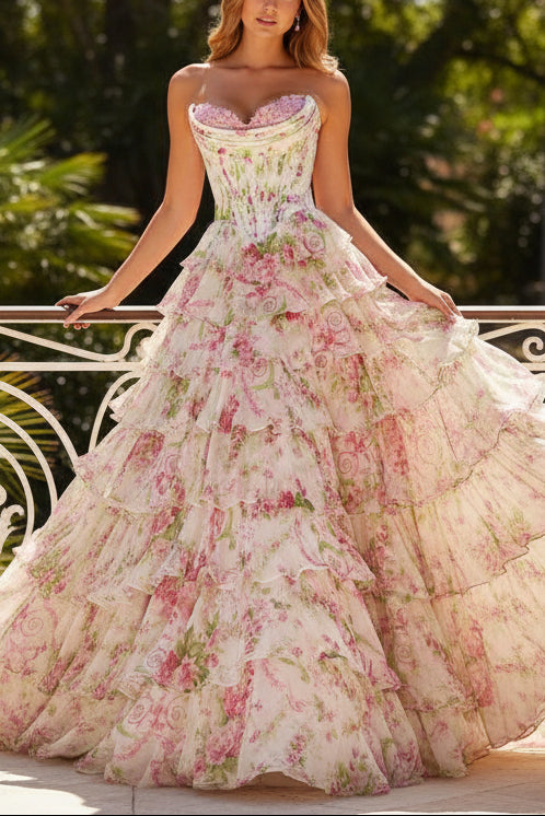 A-Line Side Slit Floral Print Ruffle Prom Dress