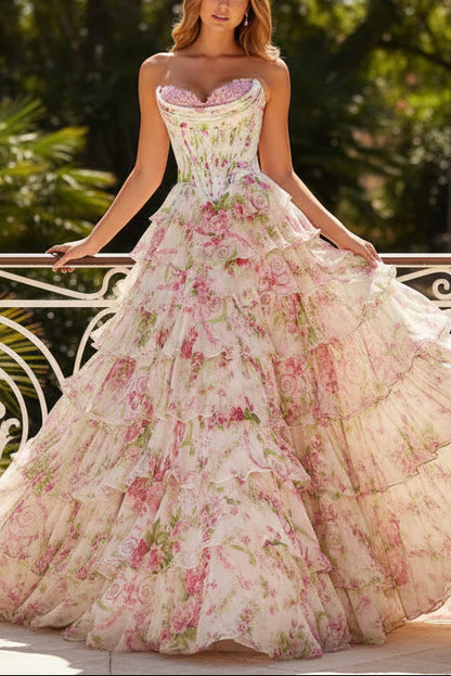 A-Line Side Slit Floral Print Ruffle Prom Dress