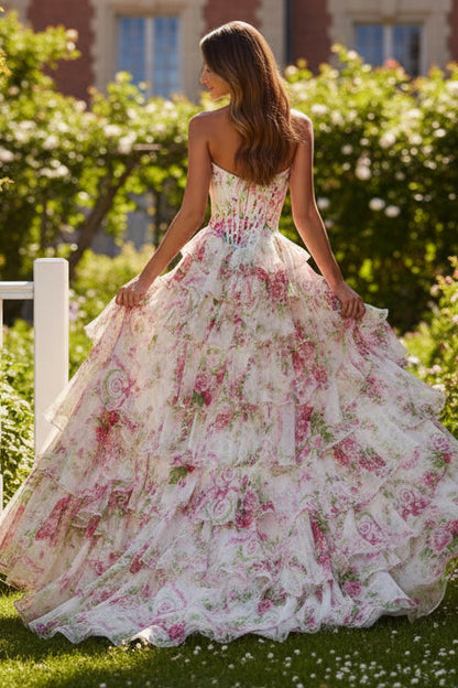 A-Line Side Slit Floral Print Ruffle Prom Dress