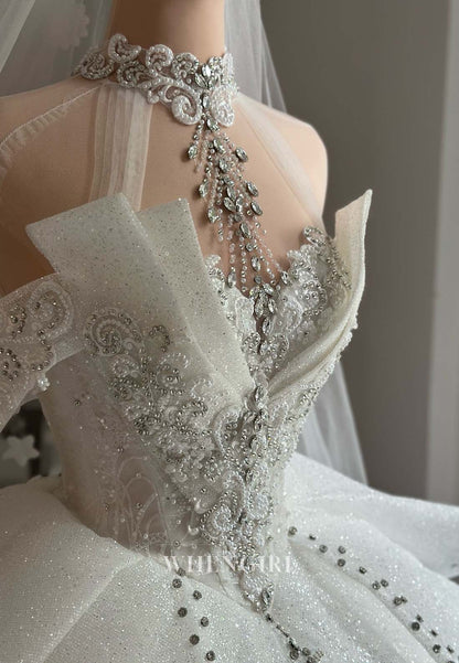 Luxury High Neck Sleeveless Rhinestone Pearls Beaded A-Line Long Wedding Dress