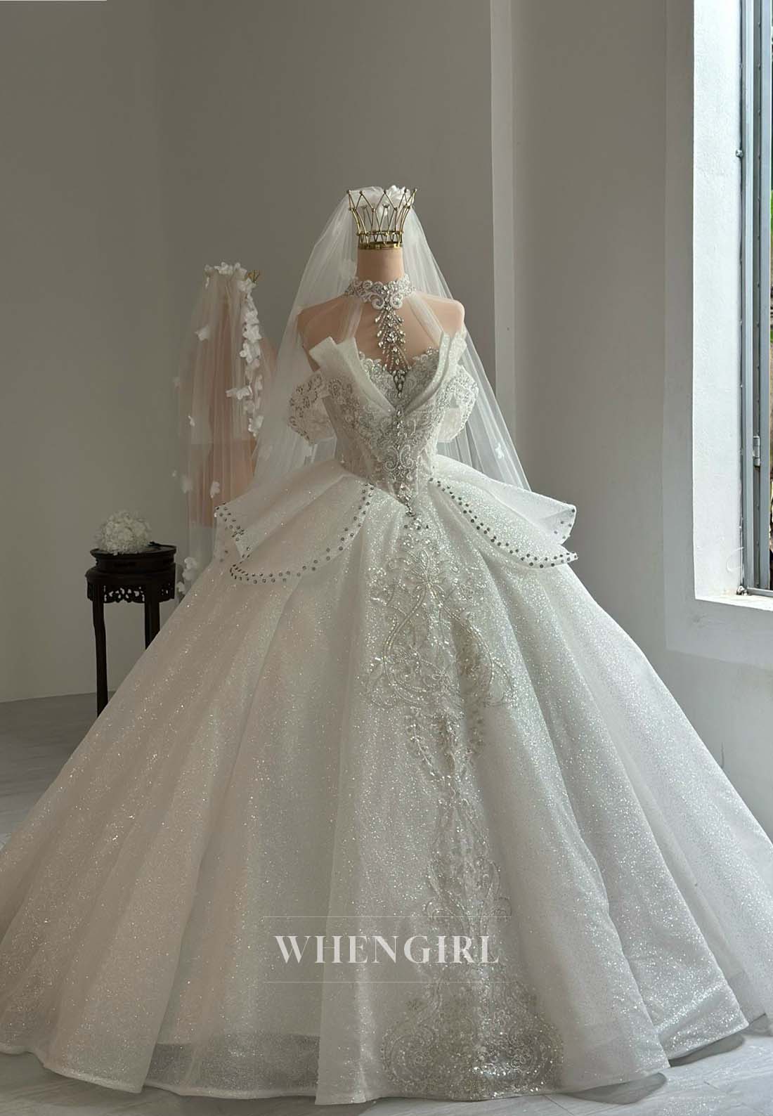 Luxury High Neck Sleeveless Rhinestone Pearls Beaded A-Line Long Wedding Dress